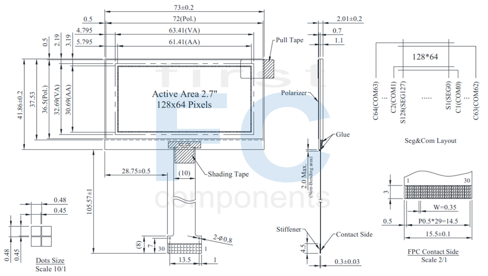 128x64 Graphic 2.7-inch COG OLED Display Module - WEO012864AM