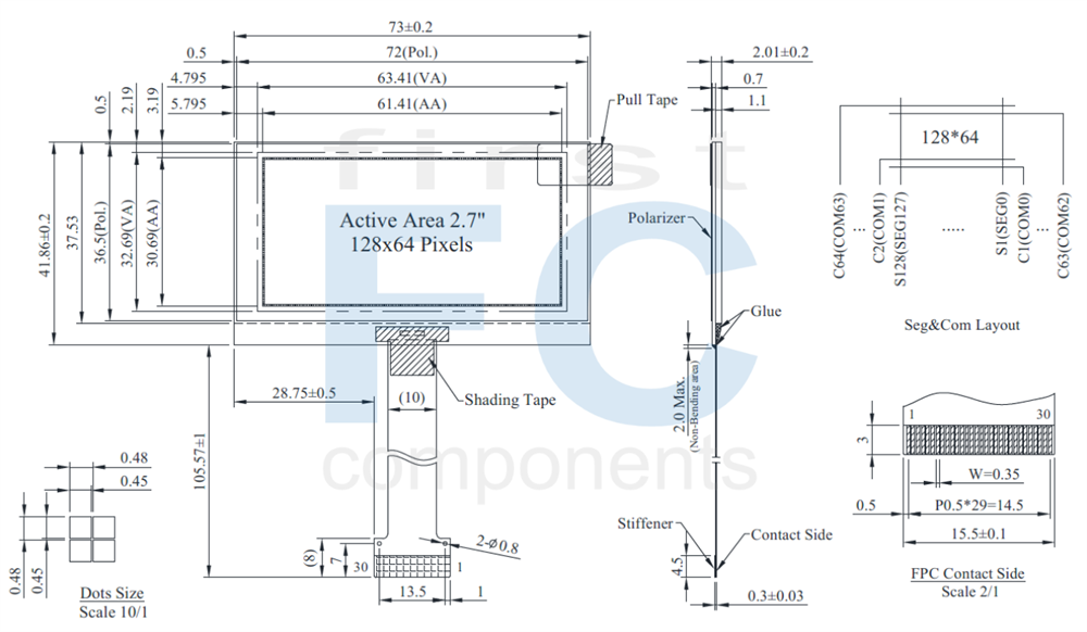 128x64 Graphic 2.7-inch COG OLED Display Module - WEO012864AM