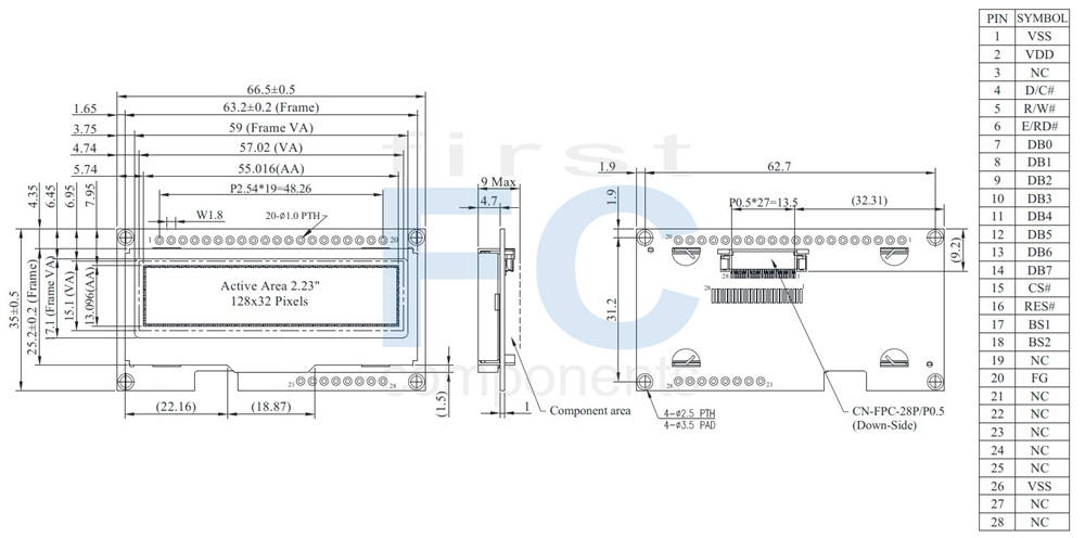  6800 / 8080 /SPI / I2C 20x4 OLED Display -  WEO002004C Drawing