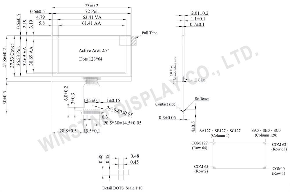 SPI/I2C 128x64 OLED 2.7" with Hot bar FPC, 128x64 I2C OLED Display - WEO012864U