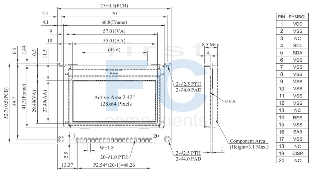  6800 / 8080 /SPI / I2C 20x4 OLED Display -  WEO002004C Drawing